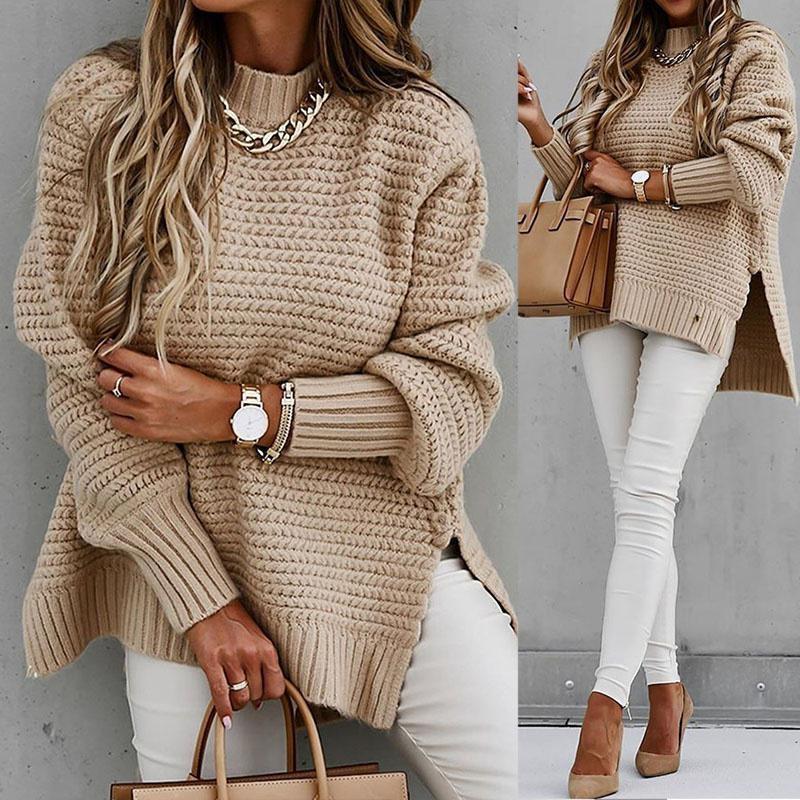 Свитер однотонный длинный пуловер с разрезом свободные свитера джемперы зима S-3XL