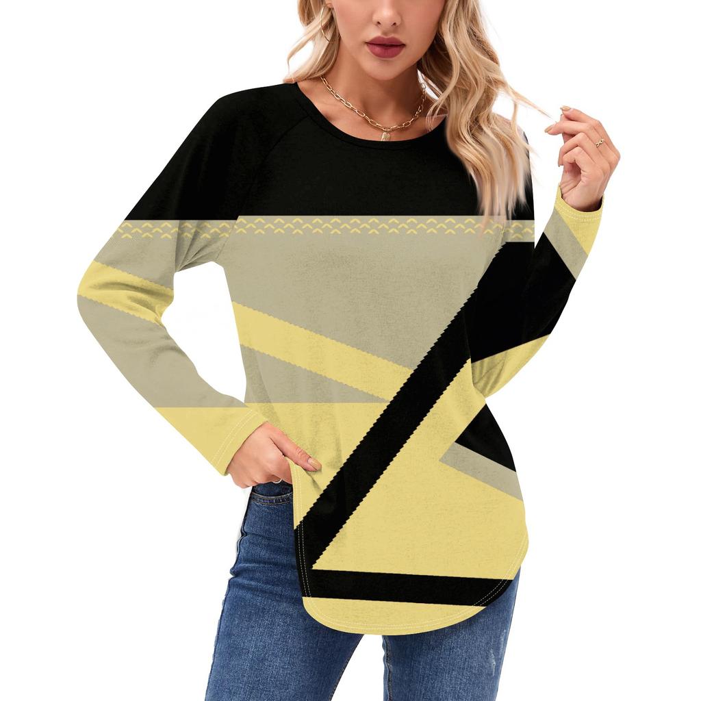 Женские рубашки с длинным рукавом, повседневная мода, туника с геометрическим принтом, топы с круглым вырезом, базовая свободная футболка