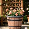 Large Plastic Flowerpot for Plants Rustic Barrel Style Plant Pots with Built-In Drainage Holes 8" Brown Plastic-Inspired Wood Finish Planter