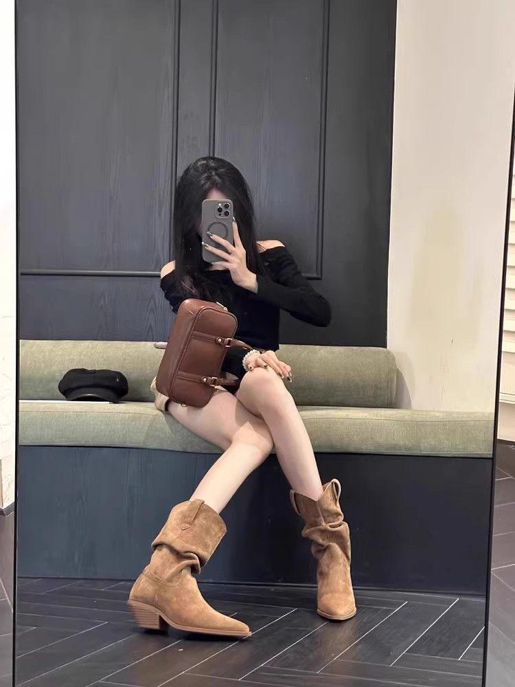 2025 Autumn/Winter Men's Suede Chunky Heel Pointed Toe Boots - Mid-Heel Ankle, Mid-Calf, High-Heel Slouch, Western Cowboy Styles