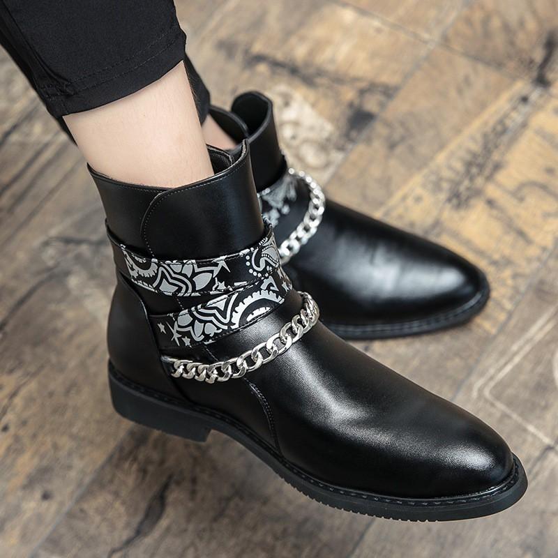 Mens Black Pointed Toe High Top Leather Boots - British Style Casual Formal Shoes