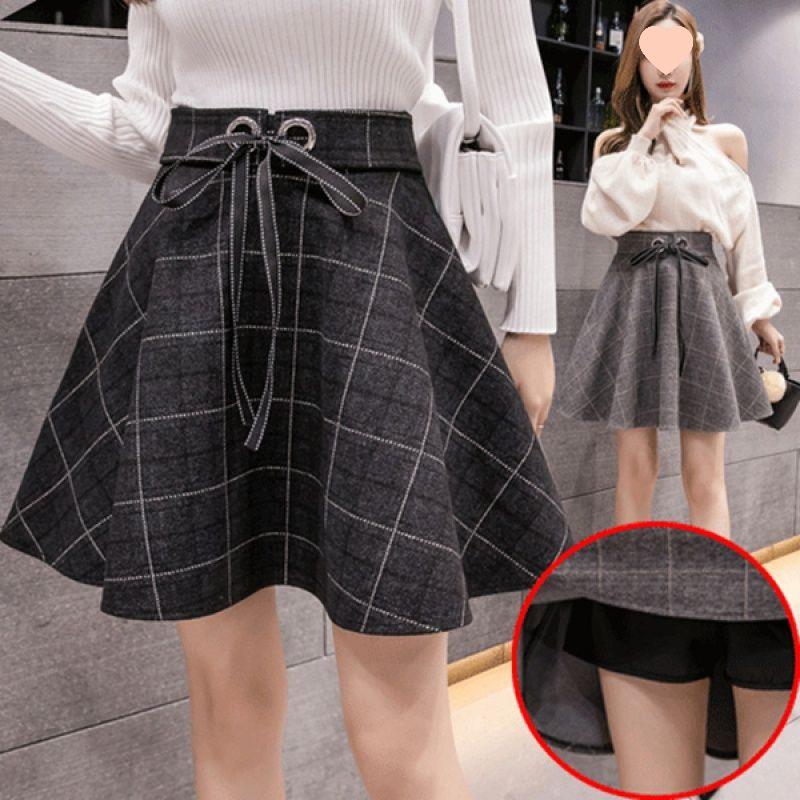 Женская шерстяная клетчатая юбка А-силуэта с высокой талией - Осень/Зима 2025, корейский стиль, юбка-зонт
