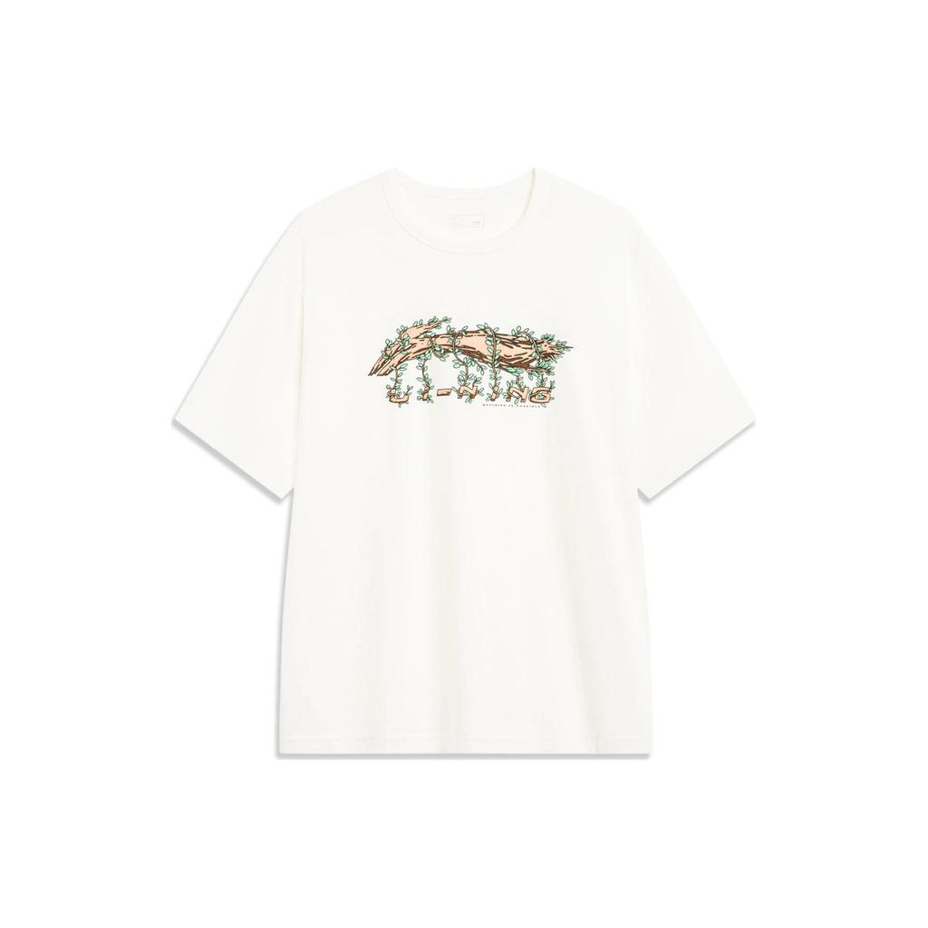 Li-Ning Vine Logo Printed Casual Short Sleeve T-Shirt Men Tops Off-White Green AHST447-5