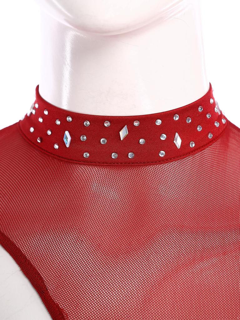 Women Asymmetrical Lyrical Dance Dress S-XXL - Mock Neck Cutout Sheer Mesh Patchwork Shiny Rhinestones Side Split Dancewear