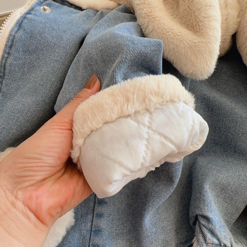 Плюшевая джинсовая куртка для девочек с кроличьими ушками - модное пальто в корейском стиле на осень/зиму