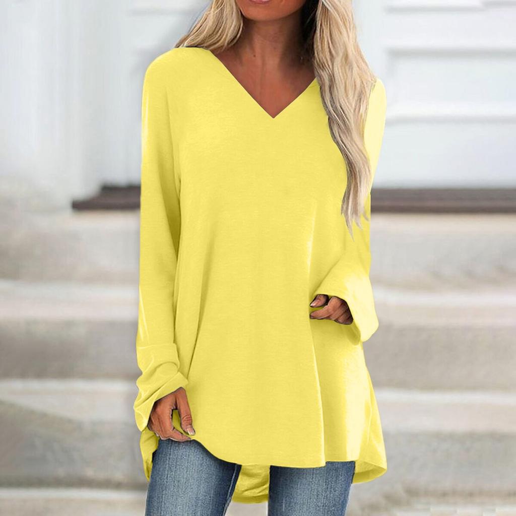 Women's Fashion Casual T-shirt Solid Color Long Sleeve V-neck Medium Long Top