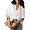 Women Shirt Loose Fit Lapel Half Sleeves Solid Color Pullover Tops Retro