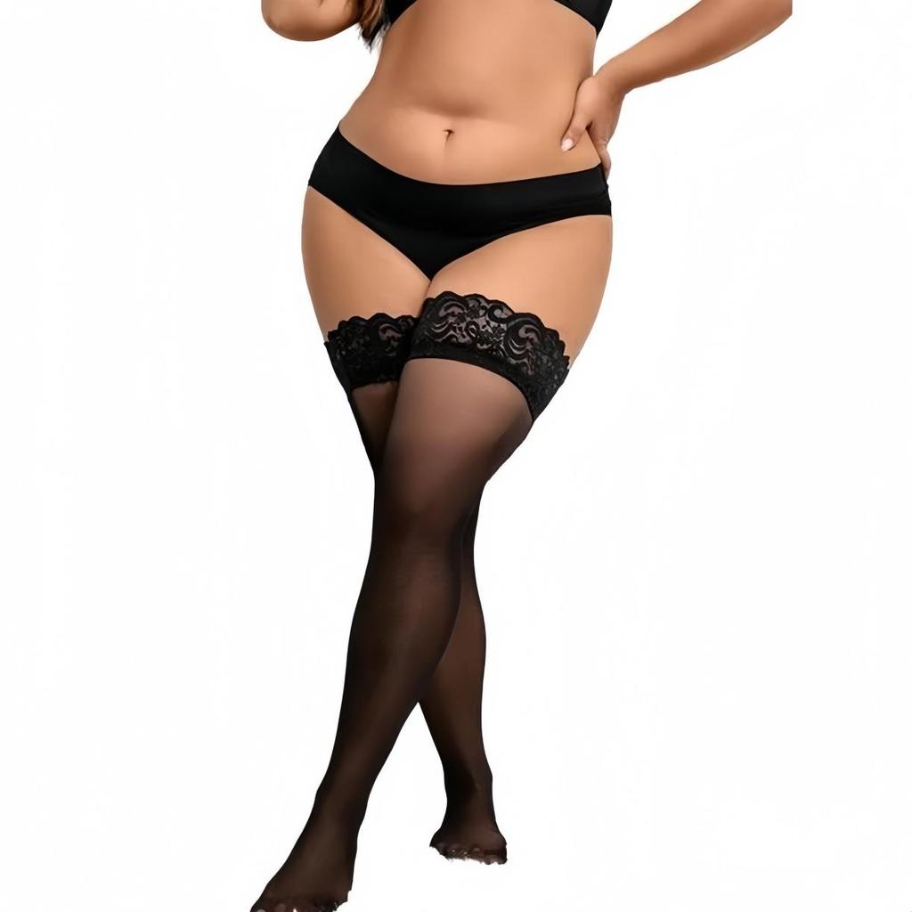 Queen Size Ladies Thigh High Lace Black Stockings Plus Large Size for Curvy Full-Figured Women Stretch Knee Long Socks XXXL