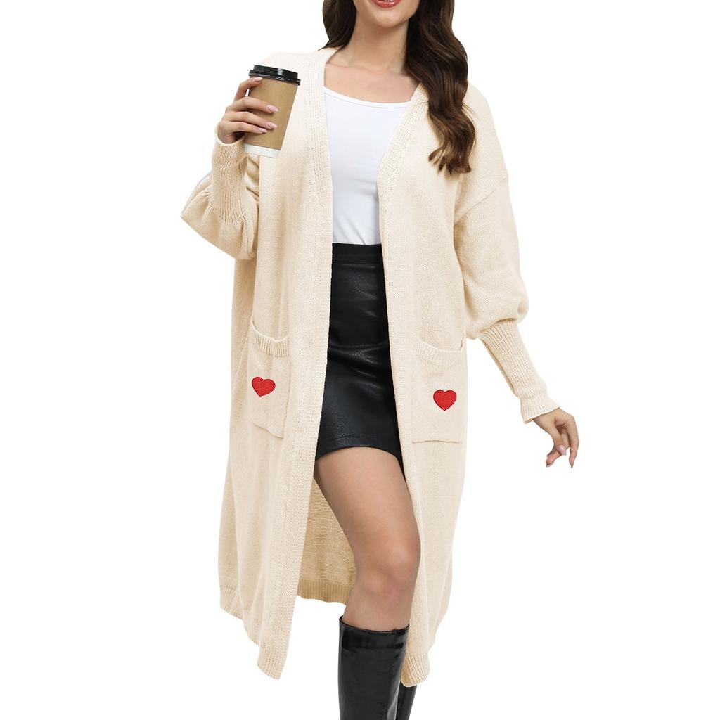 Women's Casual Fashion Comfortable Loose Lazy  Love Patch Knitted Sweater Double Pocket Sweater Cardigan