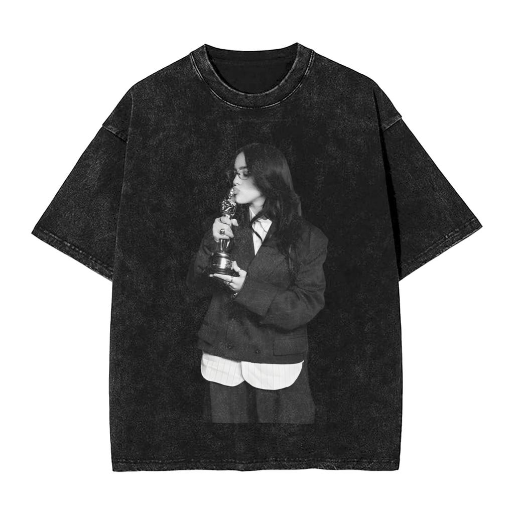 Singer BBillieGirl Eeilish Music Vintage Washed T Shirt Unisex Cotton Clothes Printed Round Neck Short Sleeve