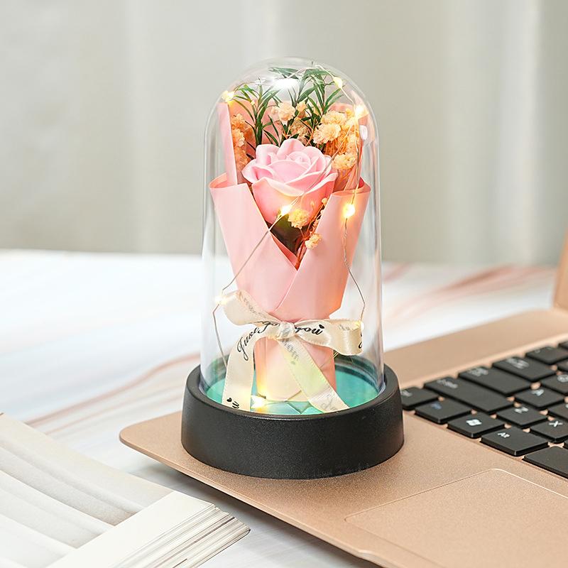 1 Set Valentine'S Day Christmas Home Decor Gift Everlasting Rose Led Acrylic Dome Bouquet Romantic Illuminated Ornament