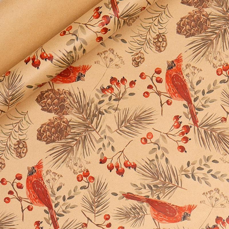 Рулон Рождественской Подарочной Упаковки Без Заломов с Цветочными и Птичьими Рисунками, Желтый Крафт, 43x300см