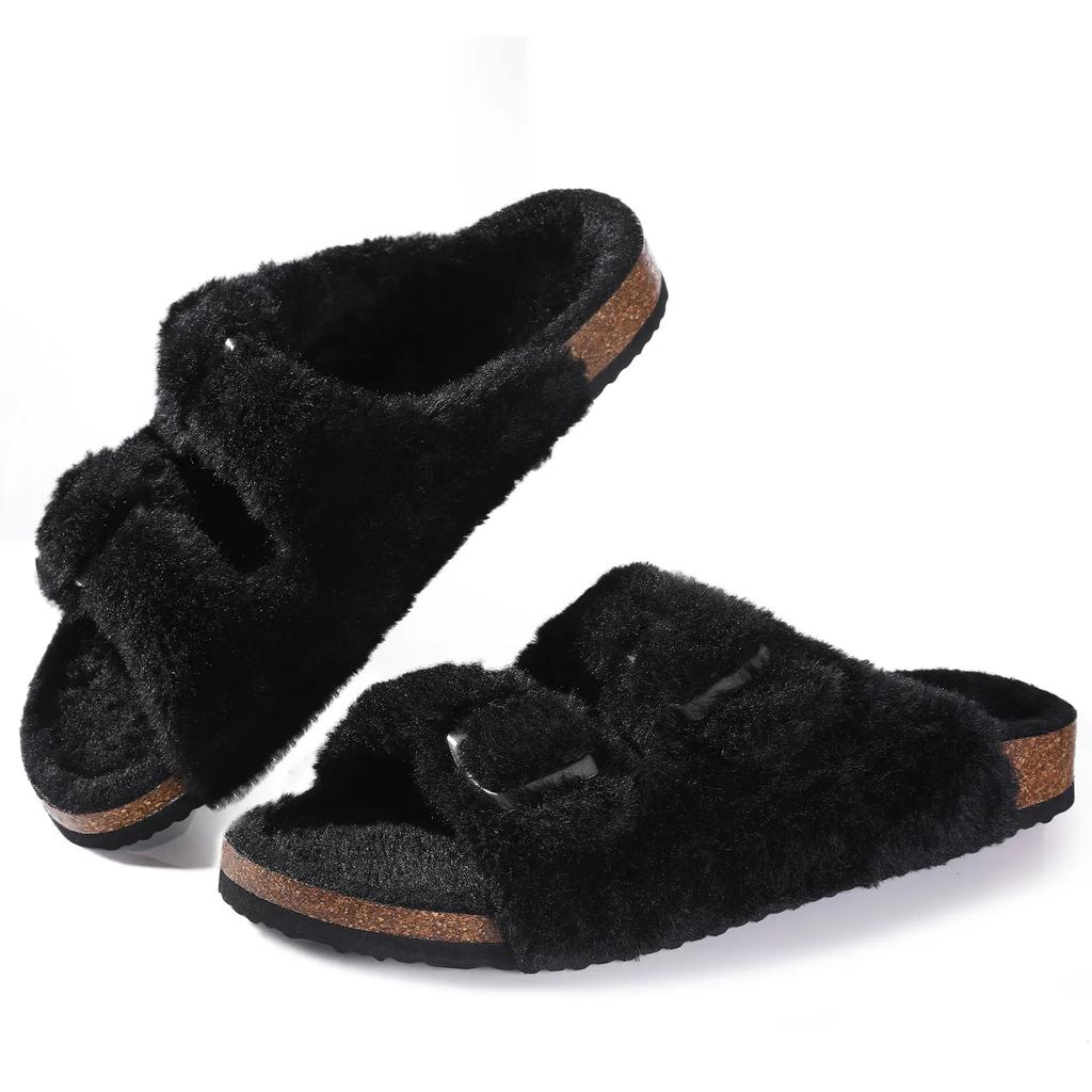 Goosecret Fuzzy Cork Footbed Mules Men Fashion Suede Flats Slippers Slip On Winter Potato Shoes Women's Fur Cork Suede Clogs