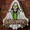 Front Porch Decoration Halloween Wooden Welcome Sign, Skeleton Reaper Irregular Door Decor, Rustic Wood Sign Wall Hanging Ornament for Home