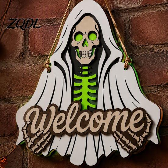 Front Porch Decoration Halloween Wooden Welcome Sign, Skeleton Reaper Irregular Door Decor, Rustic Wood Sign Wall Hanging Ornament for Home