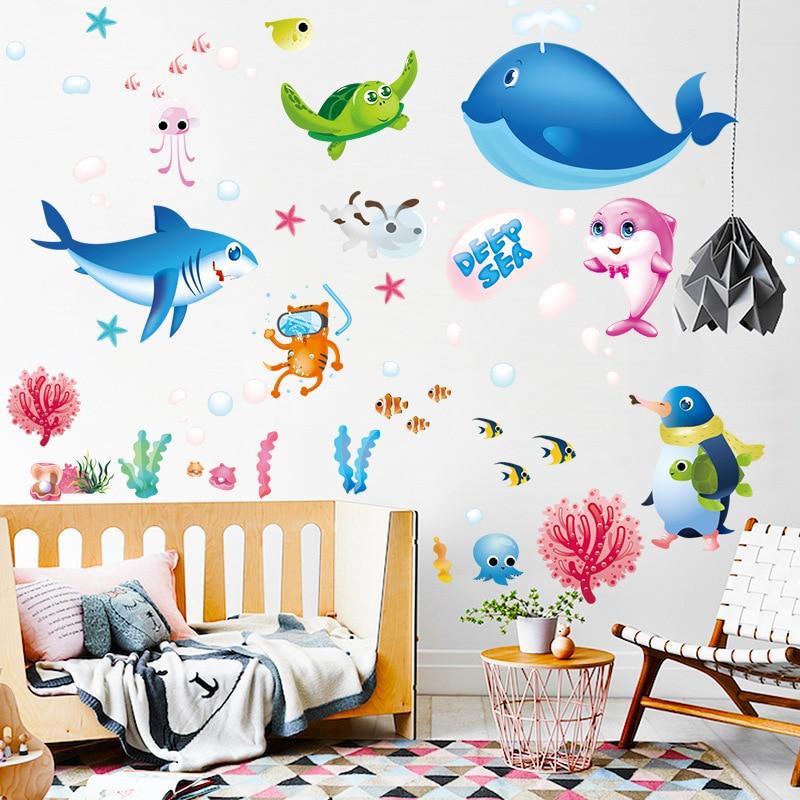 Cartoon Underwater World Wall Stickers Kids Bedroom Bathroom Fish Decals Removable Art Murals PVC Wallpaper Decor