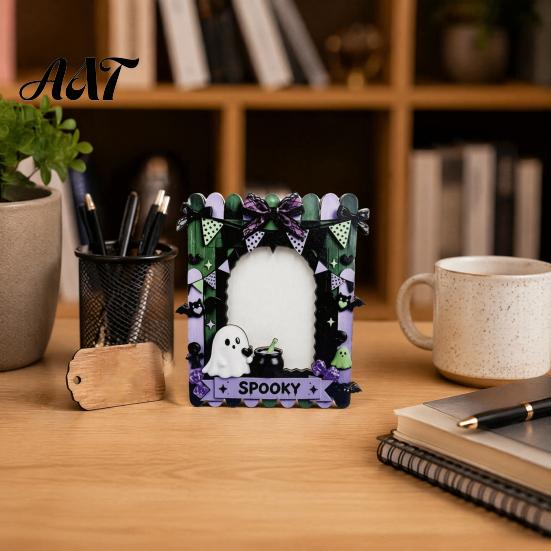 Lightweight Wood Frame Halloween Wooden Photo Frame, Cute Ghost Butterfly Cat Tabletop Decor Home Office Decoration with Stand, Sweet Kawaii