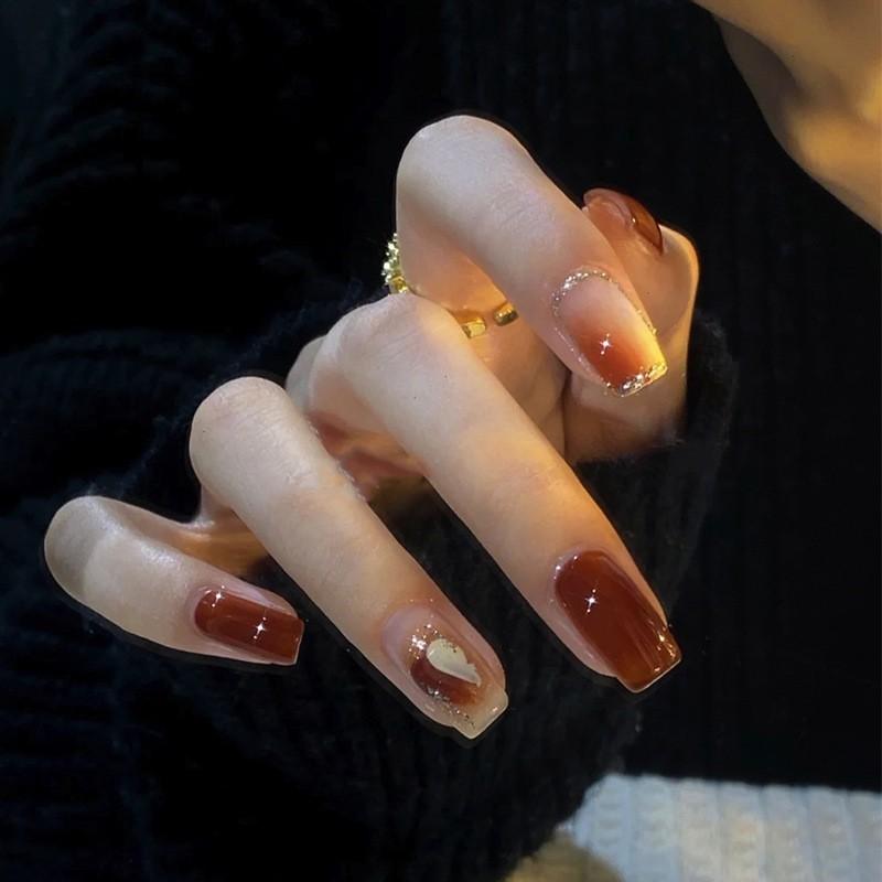 Wearable Fake Nails Wine Red Gradient Star Short Square Women BS2001