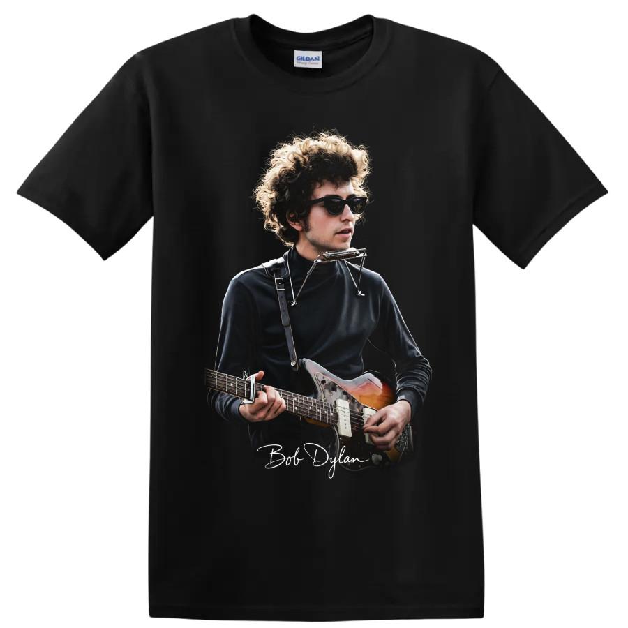 Bob Dylan Folk Rock Harmonica Guitar Portrait T Shirt Musician Tee