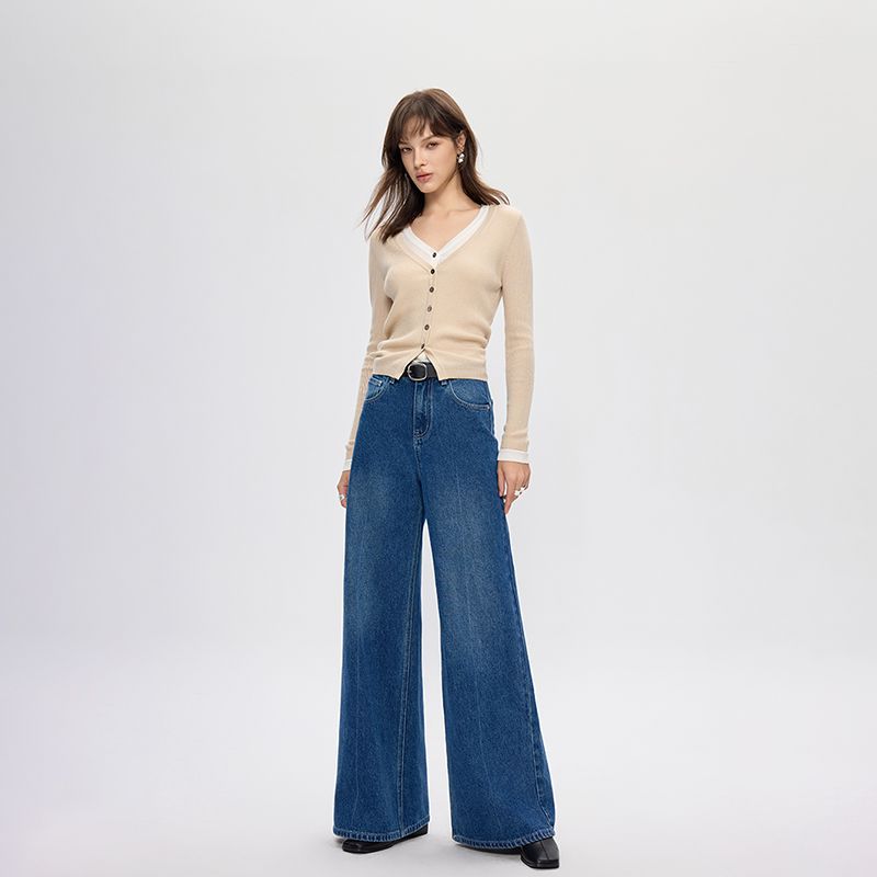 New high-quality new drape loose straight high waist thin wide leg jeans women's cotton floor pants