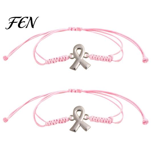 Meaningful Caring Themed Gift 2PCS Hand-woven Braided Bracelets with Metal Ribbon Pendant, Adjustable Cord Awareness Charity Event Commemorative