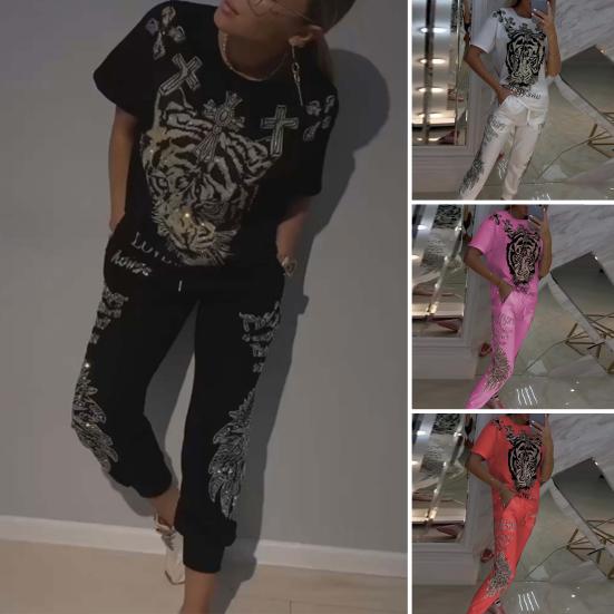 2 Pcs/Set Women T-shirt Pants Set Tiger Print Round Neck Short Sleeves Top Ankle-banded Elastic Waist Trousers Casual Daily Wear Outfit