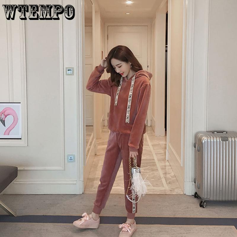 Warm Suit Women's Leisure Sports Suit Long-sleeved Plus Velvet Thickened Hoodie Women's Gold Velvet Hooded Sweater Two-piece Suit
