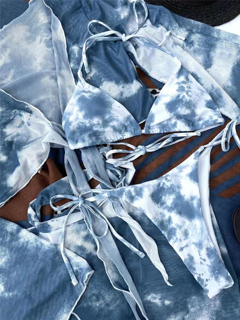 Women's Sexy Bikini Set 4 Pieces Swimwear Set Padded Halter Backless Top Tie Side Thong Beach Cover-ups Swimsuit Gradient Color Bathing Suit