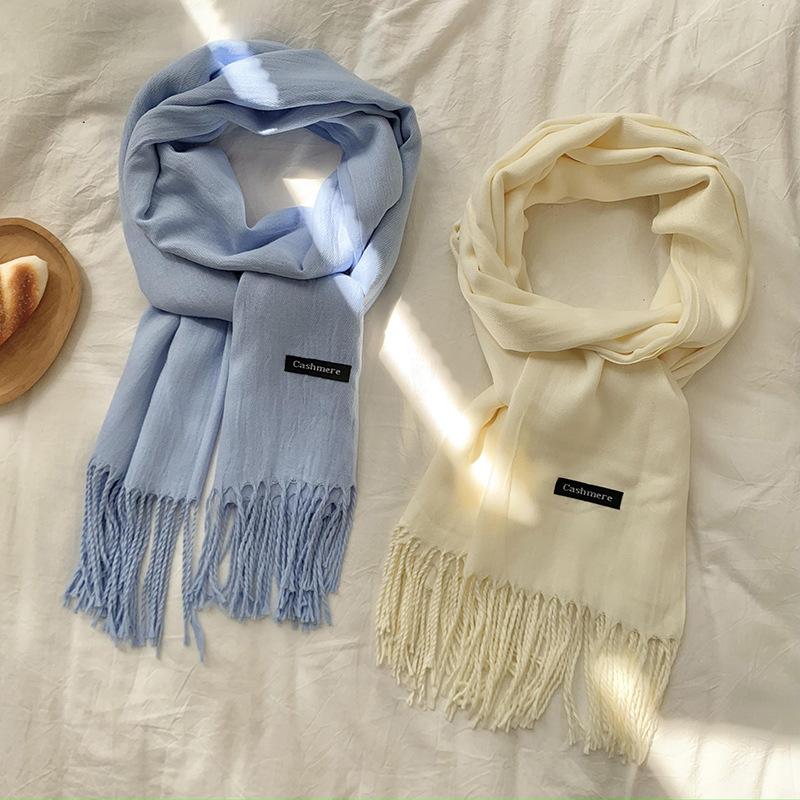 Scarf Winter Women Cashmere Faux Solid Color Shawl Wrap Soft Texture Knit Polyester Fringe Design Elegant Style Multi Colors