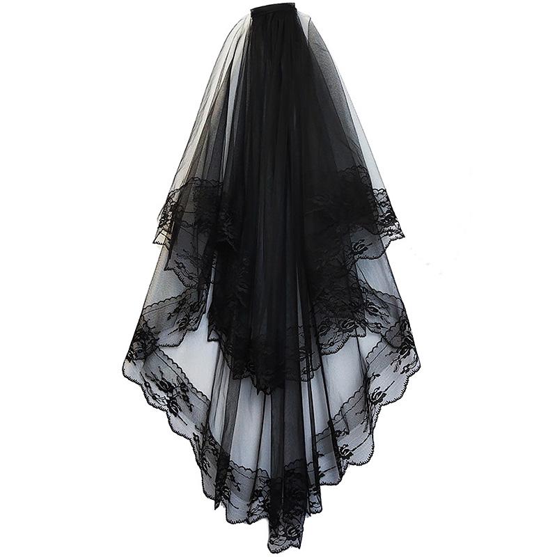 Lace Bridal Veils with Comb Short Two Layer Elegant Vintage Wedding Veils for Bride Cosplay Costume Hair Accessories Black Whit
