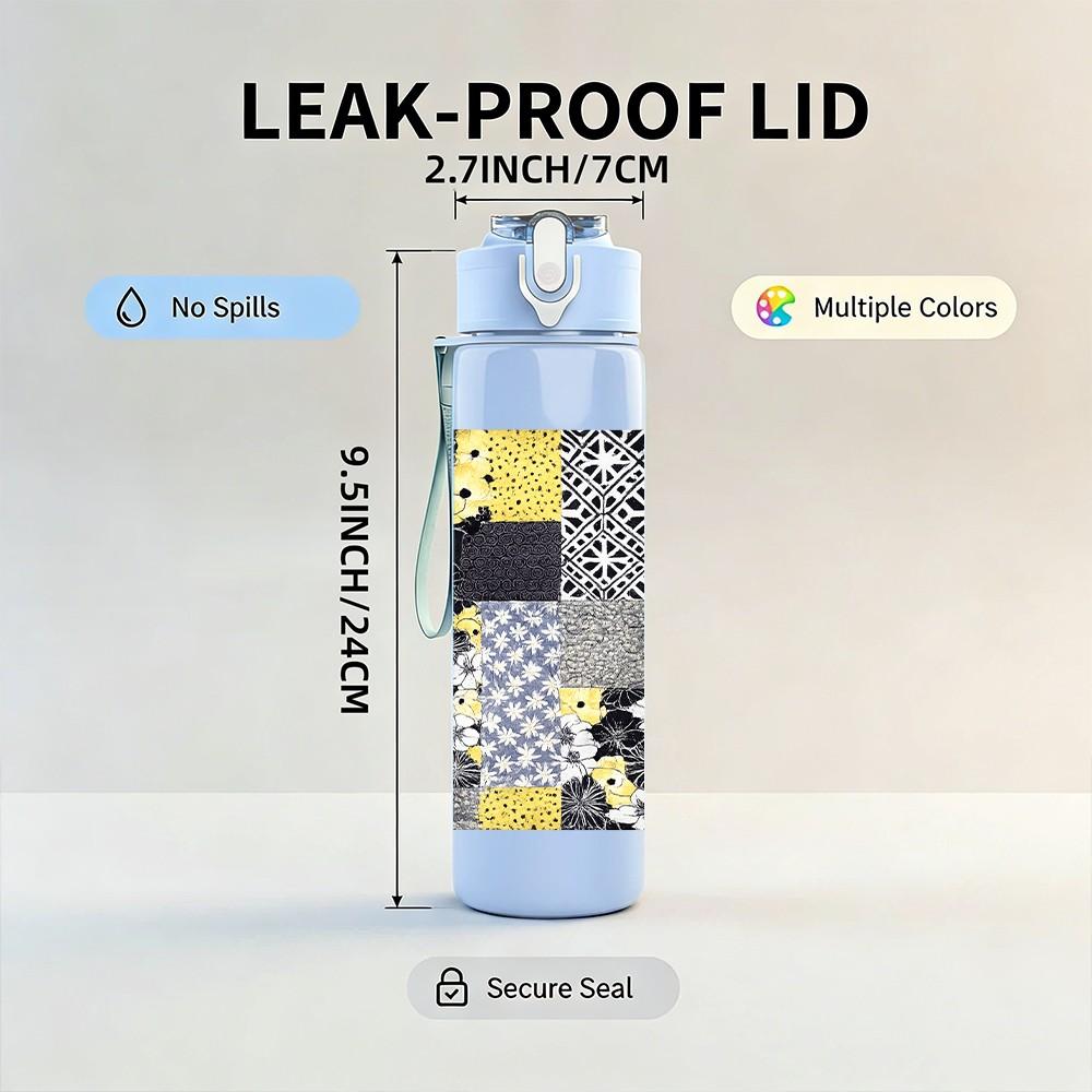 1PC Patchwork Square Block 750ml Color Plastic Sports Water Bottle Leakproof Flip Straw Lid Suitable for Sports Office Home Use