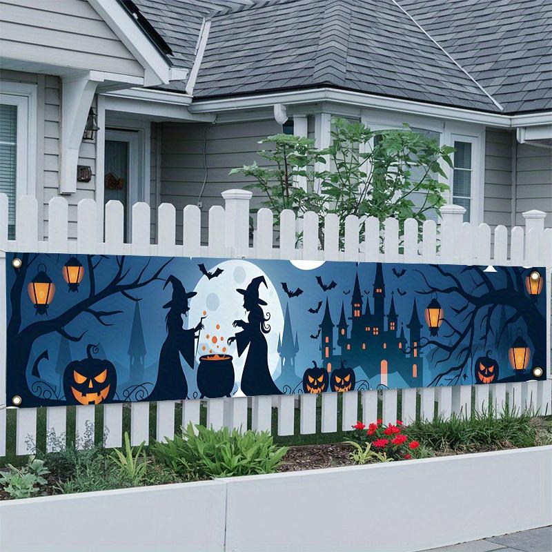 Witch & Castle Creepy Halloween Fence Banner 17x78in, Outdoor Garden Yard Party Decoration