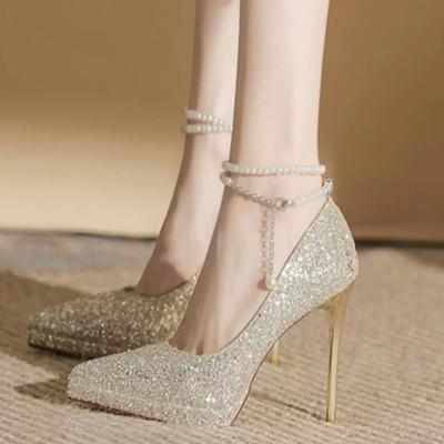 Лето 2024 г., жемчужные водонепроницаемые туфли с острым носком цвета шампанского, свадебные туфли на высоком каблуке, женские туфли-лодочки