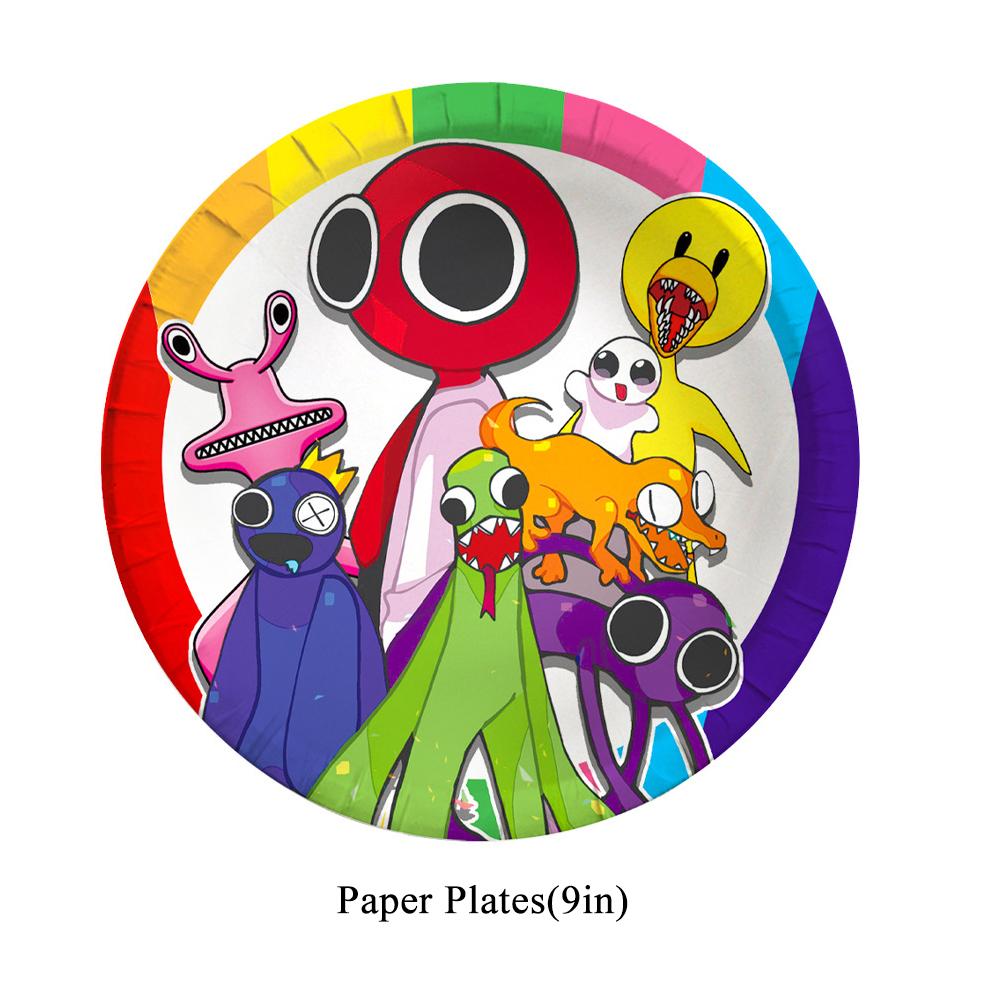 Набор посуды для вечеринки Rainbow Friends включает чашки, тарелки, салфетки и скатерть.