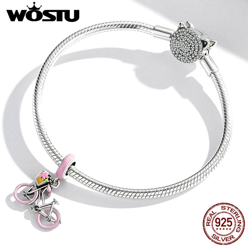 WOSTU Эмалированные мультяшные реалистичные розовые бусины из стерлингового серебра 925 пробы для девочек, подходят для браслета, ювелирные украшения