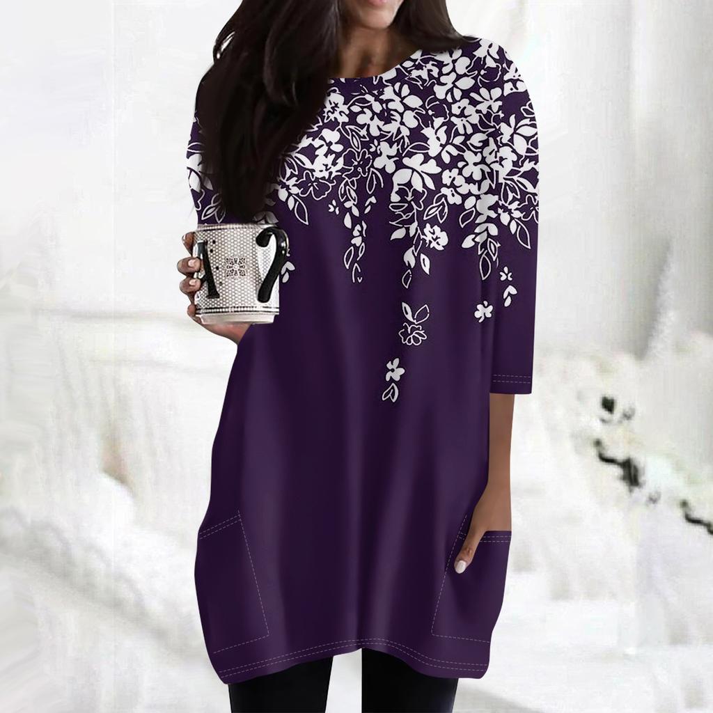 Женские повседневные рубашки с рукавами 3/4, модные туники с принтом, топы с карманами