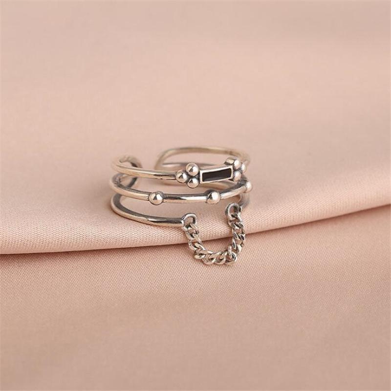 New Retro Multilayer Black Rectangular 925 Sterling Silver Jewelry Personality Geometric Domineering Chain Opening Rings Tyb31