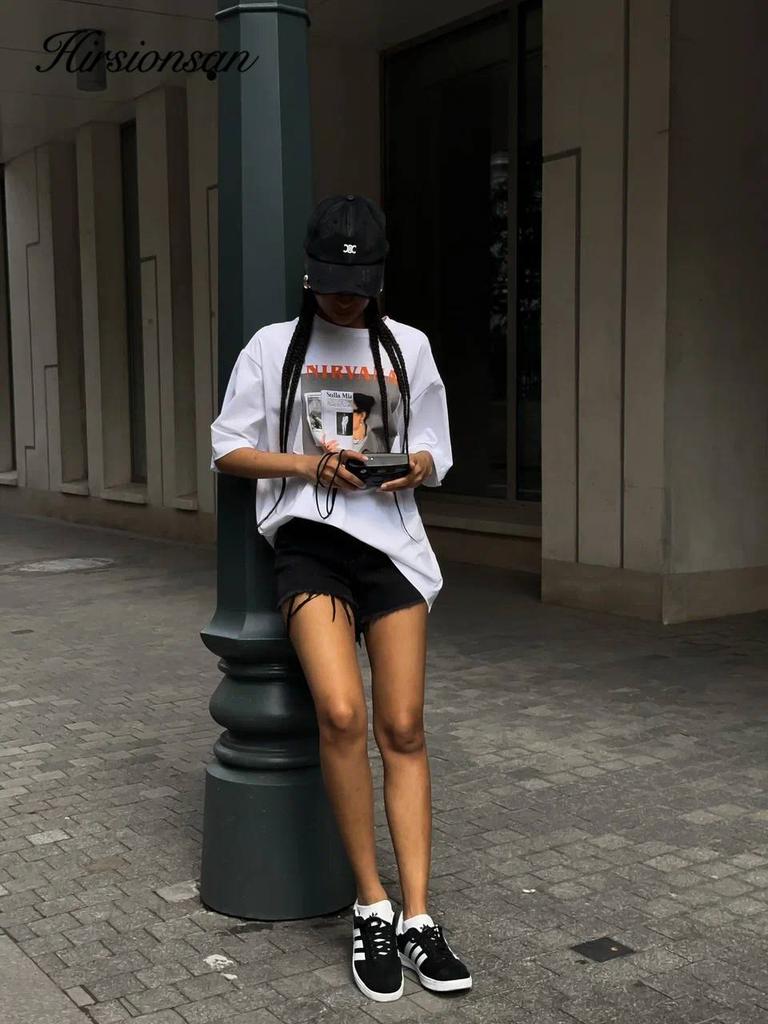 Hirsionsan 100% Cotton Graphic Print T Shirt Women 2024 Summer New Basic Vintage Tee Casual Loose Chic O Neck Female Couple Tops