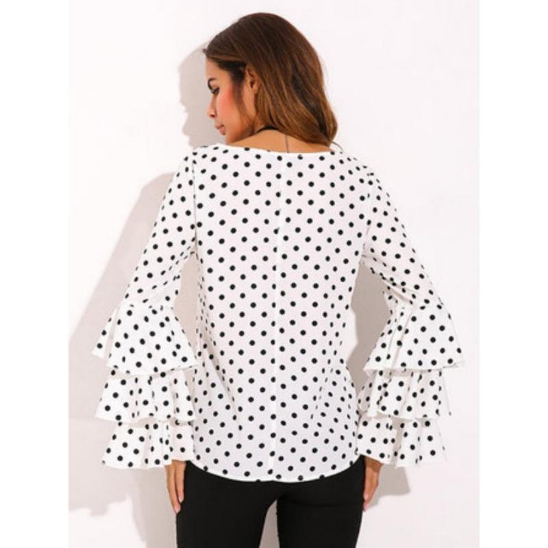 IHUASU Summer Spring Polka Dot Trumpet Sleeve Top Plus Size Folding Sleeve Chiffon Top