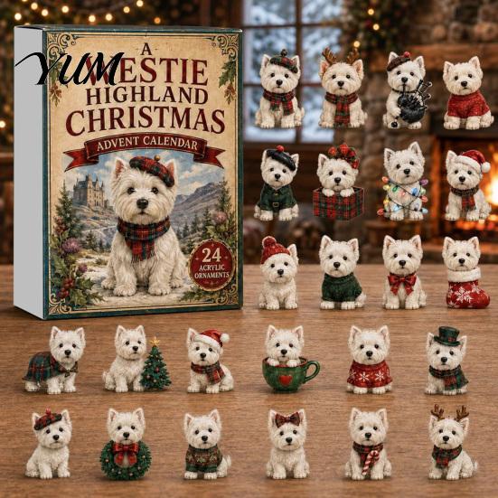 Cute Animal Desk Ornaments 24 Days Dog Advent Calendar 2026, 2D Acrylic Puppy Christmas Pajamas Series Hanging Pendants Countdown Calendar,