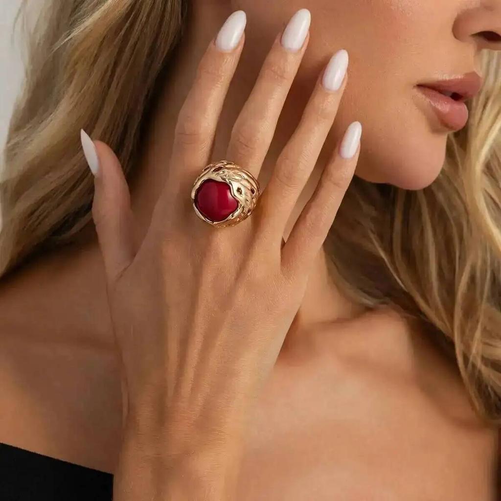 SHIXIN Vintage Hyperbole Irregular Metal Inlaid Resin Thick Textured Round Rings Women Trendy Finger Aesthetics Jewelry Gifts