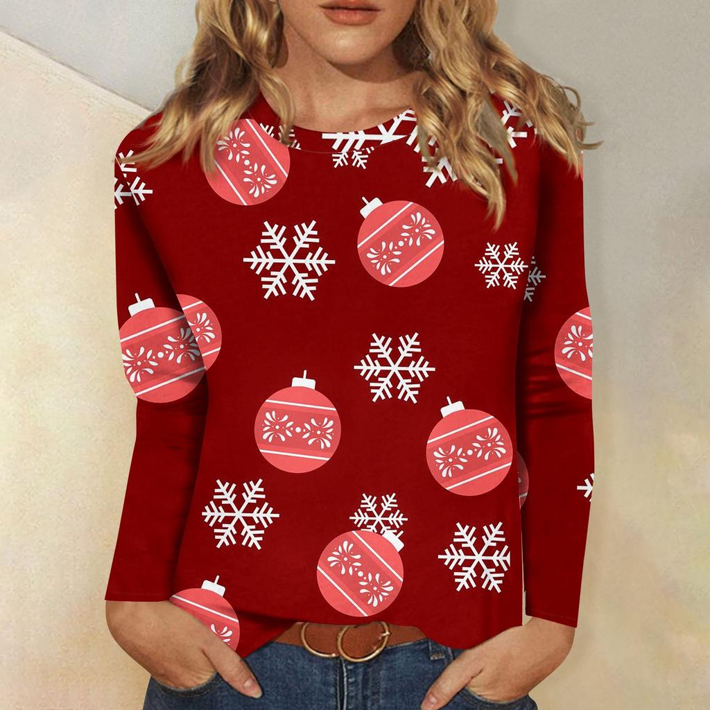 Женская модная повседневная футболка с круглым вырезом и рождественским принтом и длинными рукавами