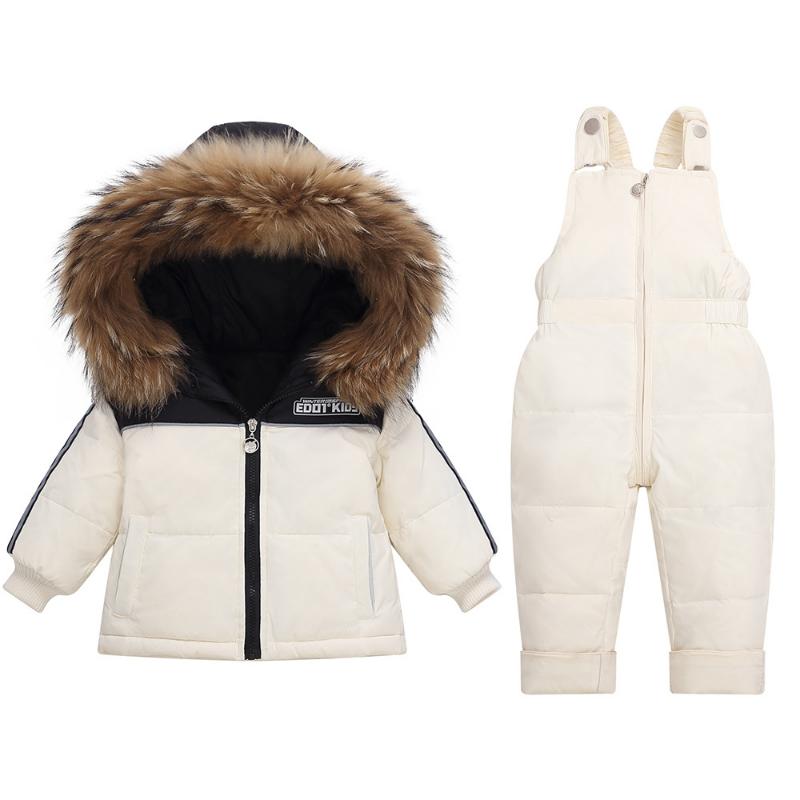 Baby Down Jacket with Real Raccoon Fur Collar, Thickened Coat, Cold-proof Suit, Detachable Crotch Overalls