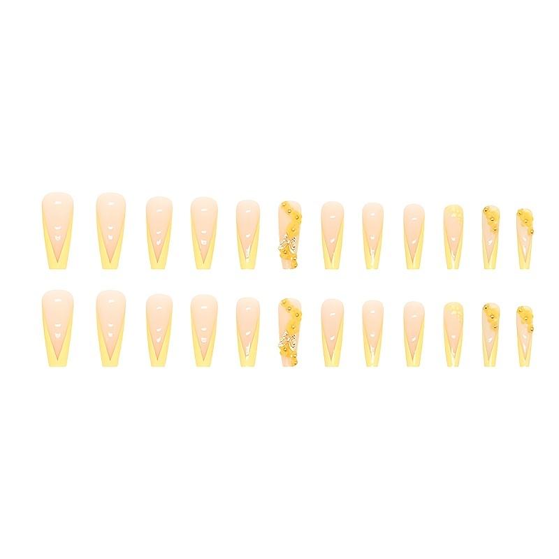 24PCS Glossy Y2K Press On Nails with Artificial Crystals - LongYellow Fake Nails for Full Cover False Acrylic Manicure for Easter