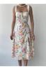 Women's Floral Patterned Chest Tie Strapless Collar Strap Slit Midi Dress