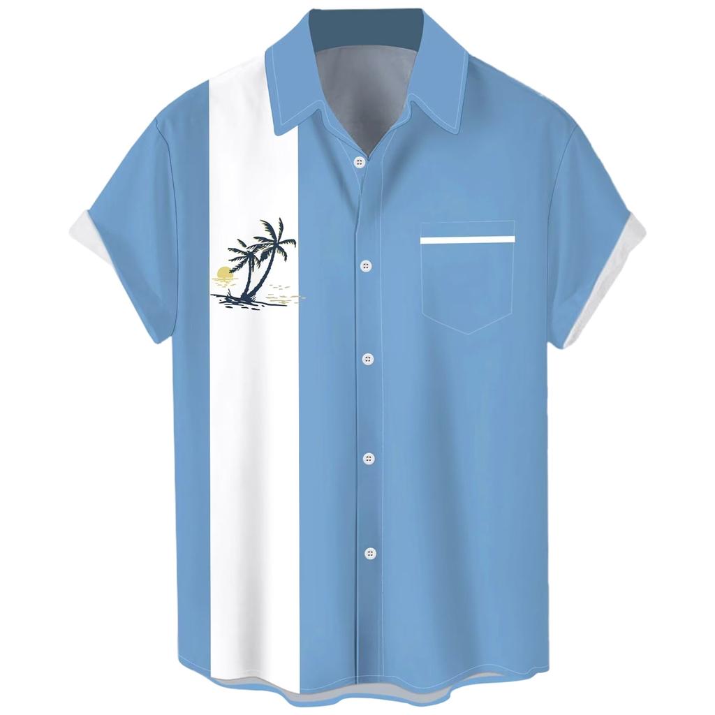 Гавайская рубашка для мужчин, мужские винтажные рубашки для боулинга на пуговицах, летняя пляжная рубашка с коротким рукавом