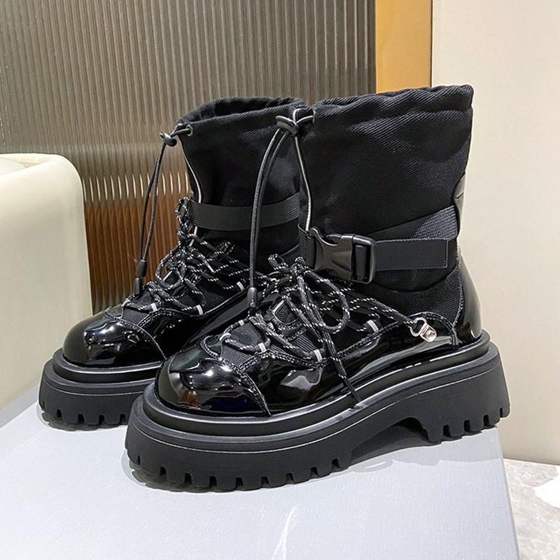 Модные модные мотоциклетные ботинки женские 2024 зимние ботинки на шнуровке с пряжкой для женщин ковбойские ботильоны из лакированной кожи с толстой подошвой