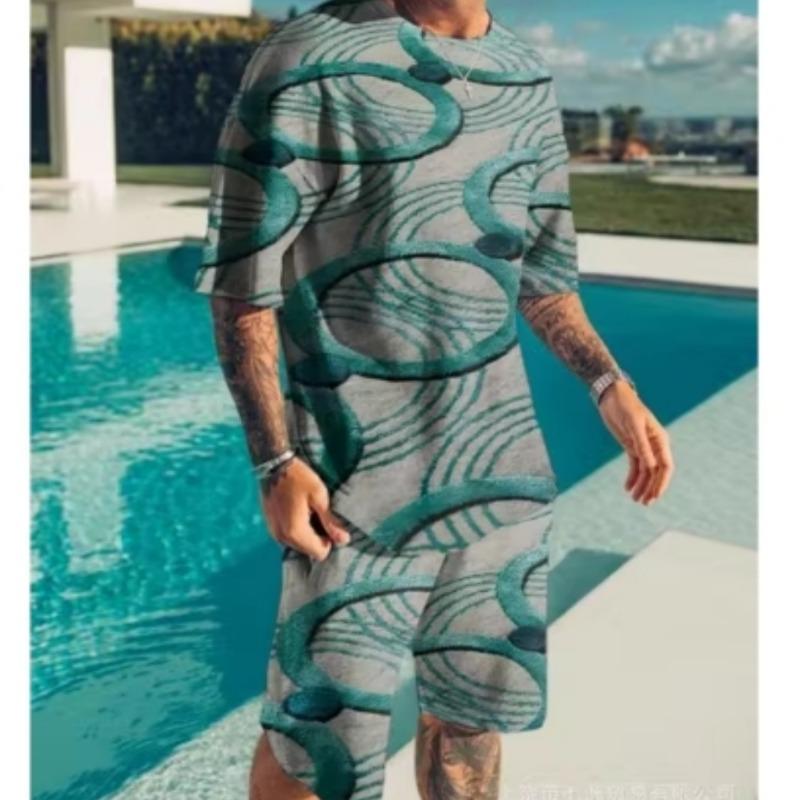 Мужской повседневный комплект из шорт с разноцветным 3D-цифровым принтом в виде леопардового топа с коротким рукавом + пляжные брюки