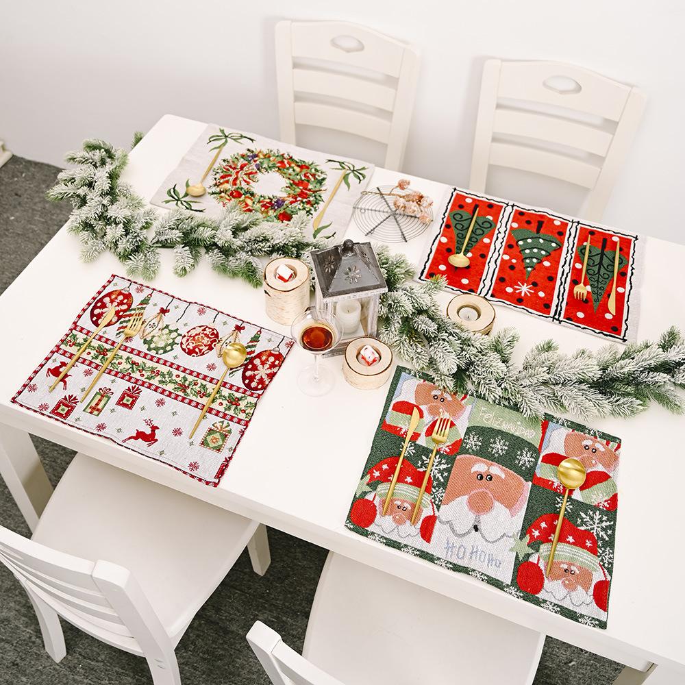 WTEMPO 4pcs/set New Christmas Home Decor Items Thanksgiving Knitted Fabric Placemat Table Mat Tablecloth Old Man Small Tree Printed Placemat