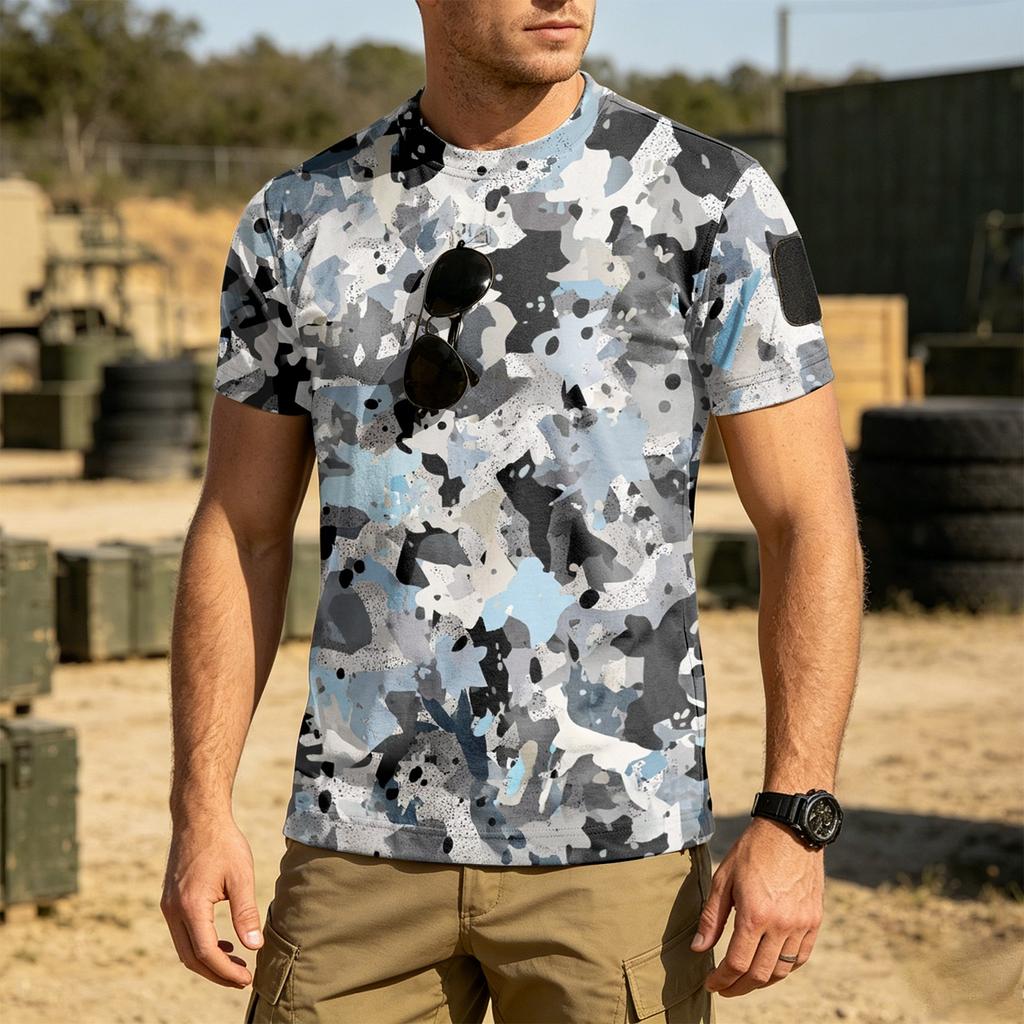 Men Tactical Camouflage Pattern Crew Neck Loose Fit Short Sleeve Outdoor Quick Dry T Shirt with Velcro Patch Panel